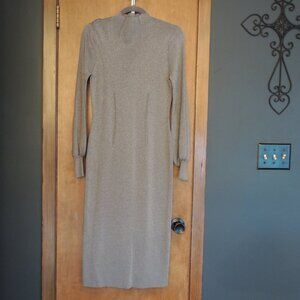 Eva Mendes Metallic Shimmer Mock-Neck Midi Dress – Long Sleeve, Gray Silver, Siz